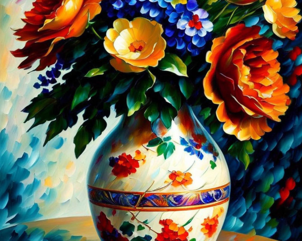 Colorful Floral Arrangement Oil Painting on Wooden Surface