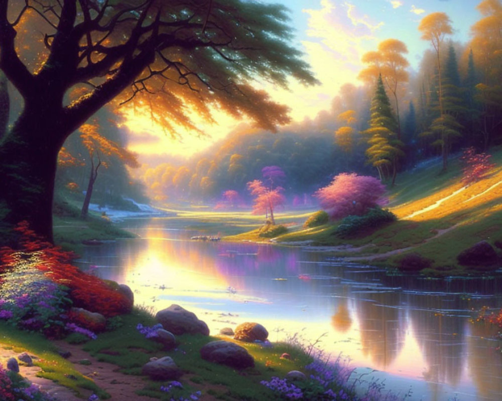 Tranquil river, blooming trees, colorful flowers in serene landscape