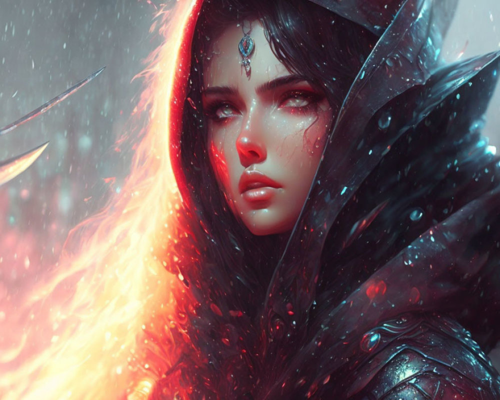 Mystical woman with intense gaze in red cloak on snowy backdrop