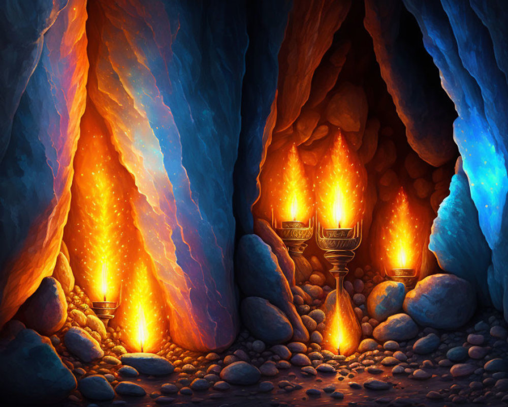 Colorful Fantasy Cave with Glowing Torches