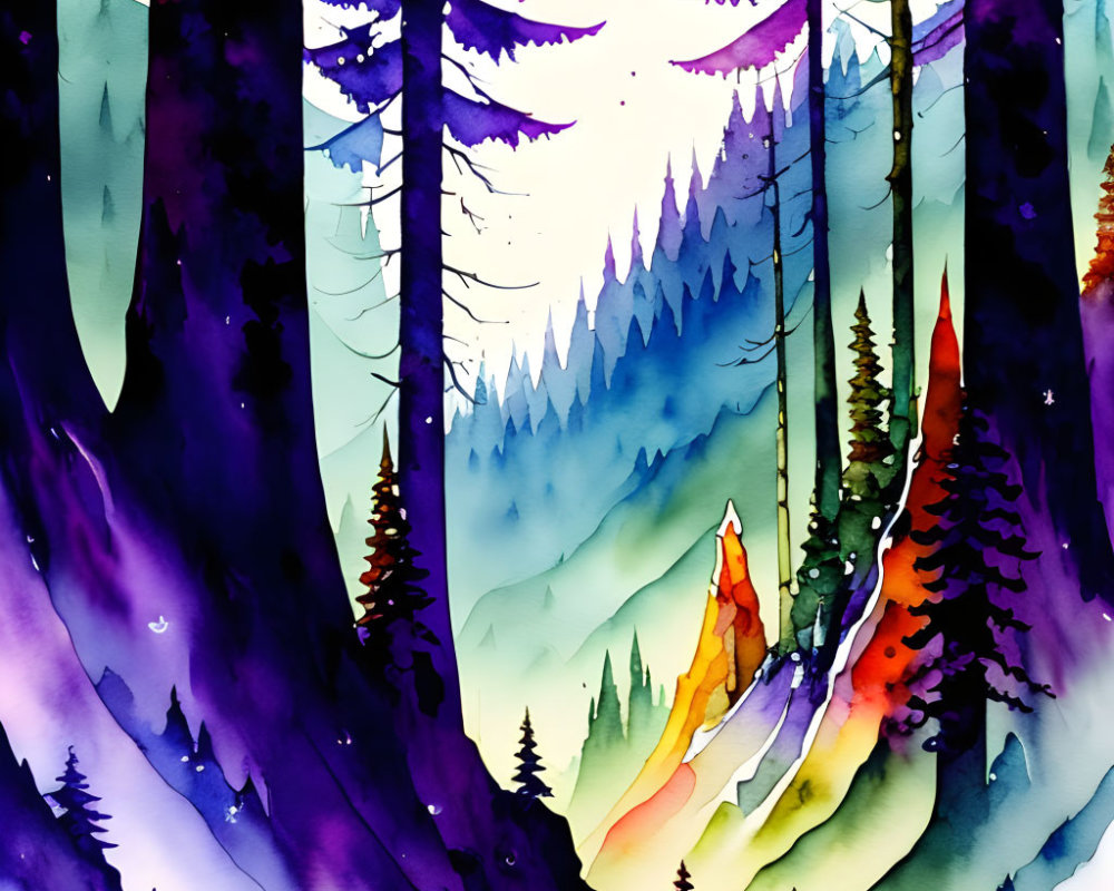 Colorful Watercolor Painting of Mystical Forest with Purple and Blue Mountains