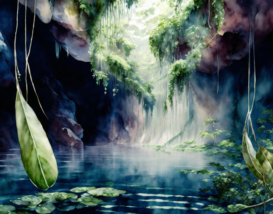 Tranquil watercolor painting of serene cave with water pool, hanging vines, lilypads,