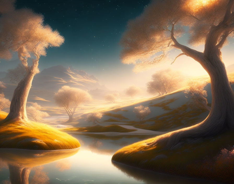 Fantasy landscape at sunset with mystical trees, river, hills, and starry sky