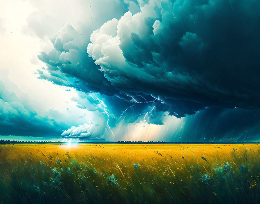 Stormy Landscape with Dark Clouds, Lightning, Rain, and Golden Flowers