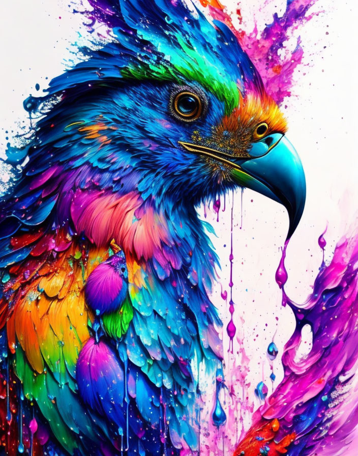 Colorful Bird Artwork with Vivid Hues and Dripping Paint Effects