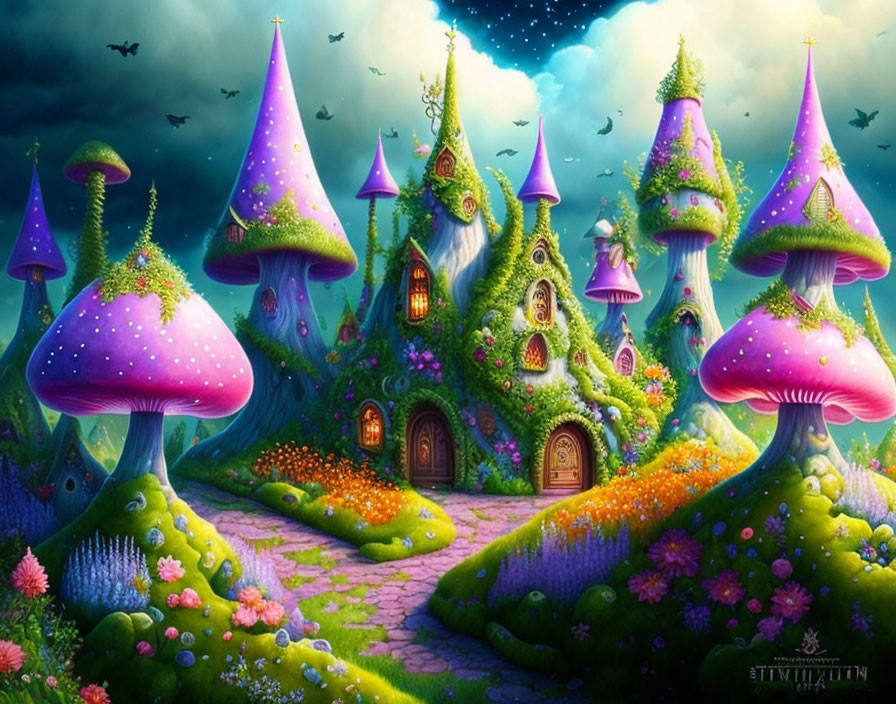 Fantasy landscape with mushroom houses, starry sky, greenery, and colorful flowers