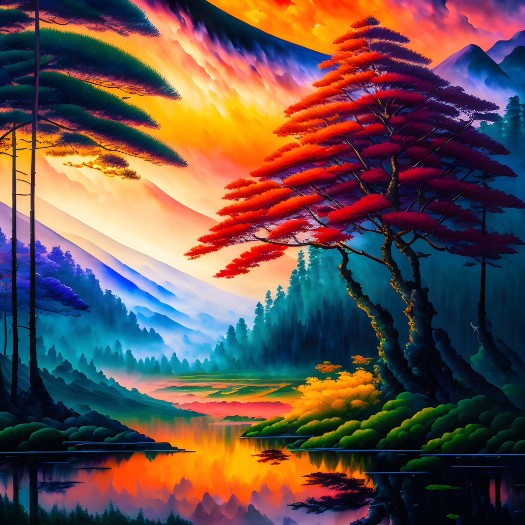 Colorful landscape with red trees, serene lake, and dramatic sky at dusk