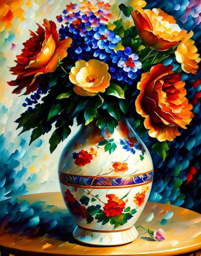 Colorful Floral Arrangement Oil Painting on Wooden Surface