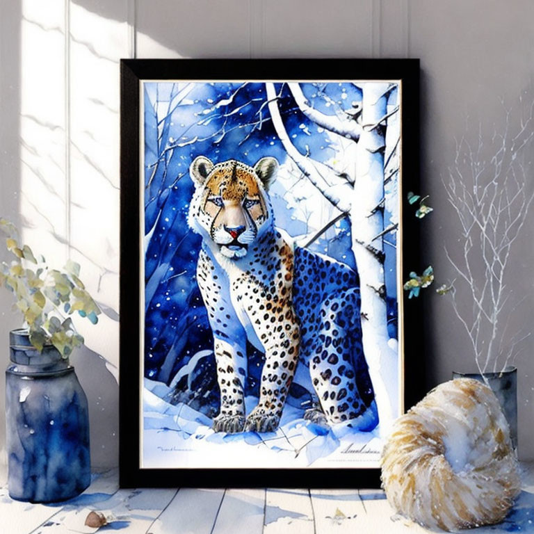 Framed painting of cheetah in snowy birch forest with blue vase and seashell