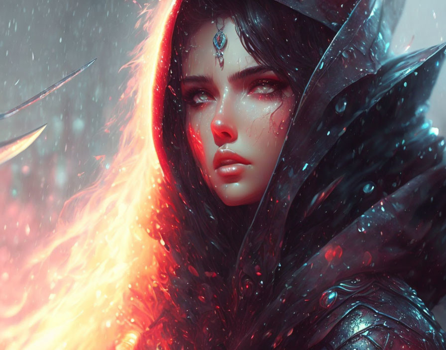 Mystical woman with intense gaze in red cloak on snowy backdrop