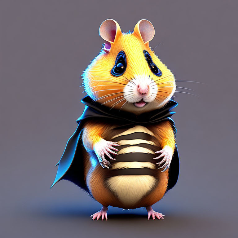 Stylized anthropomorphic hamster in dark cape artwork