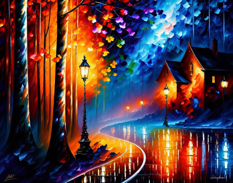 Colorful Rainy Street Scene: Vibrant Night Painting