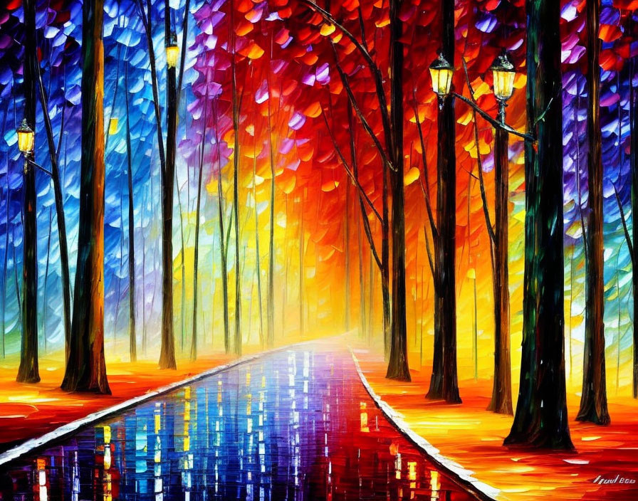 Colorful forest path with street lamps reflecting on wet surface