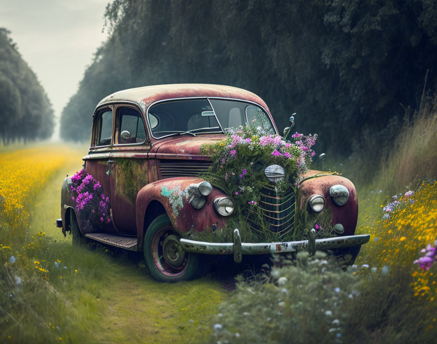 Vintage Car with Rusty Exterior in Countryside Setting Among Wildflowers and Trees