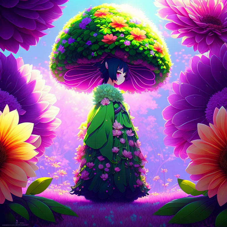 Colorful character in floral dress with flower canopy, surrounded by vibrant blossoms under purple sky.