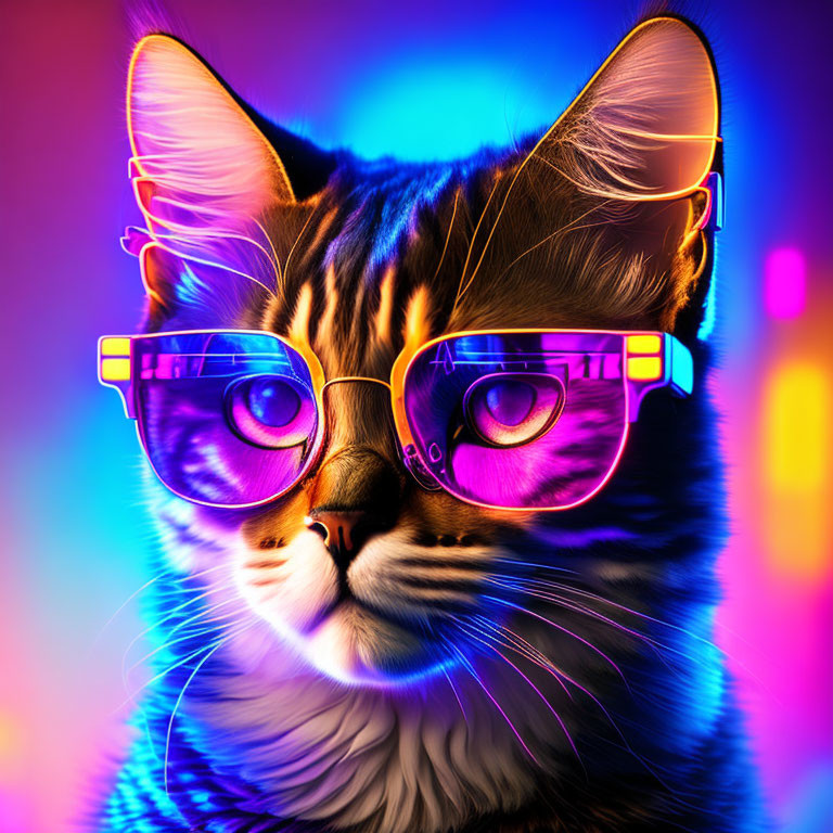 Colorful digital artwork: Cat in pink glasses with neon cat ears on psychedelic backdrop