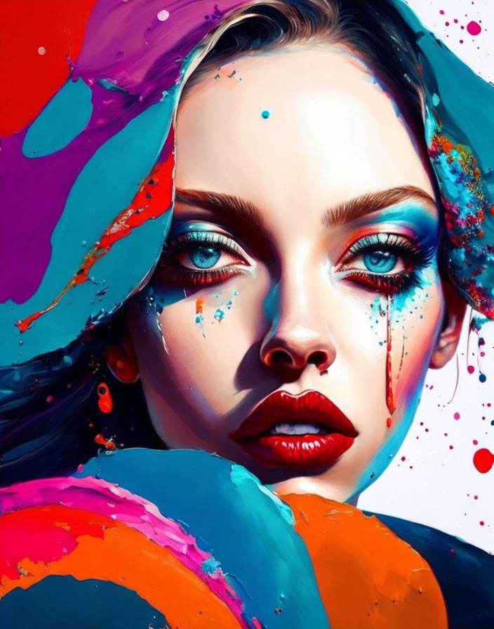 Colorful portrait of woman with blue eyes in vibrant paint splash