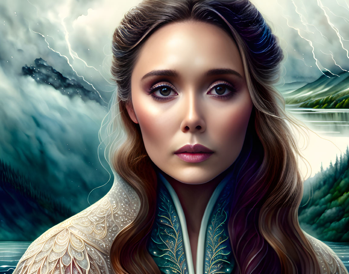 Detailed makeup and elaborate attire on woman in digital portrait against stormy skies and mountains.