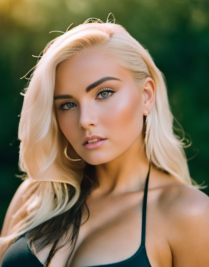 Blonde Woman Portrait with Green Eyes on Blurred Background