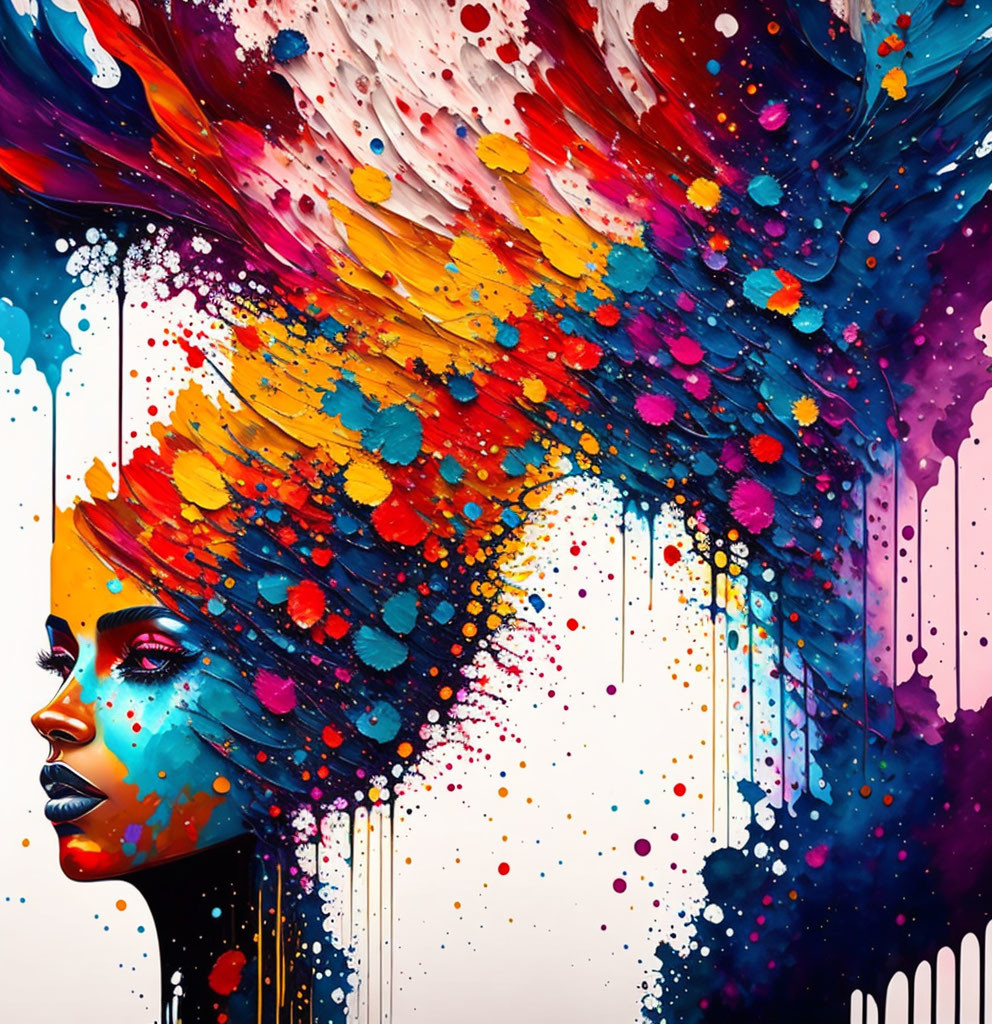 Vibrant portrait of a woman with multicolored paint in hair