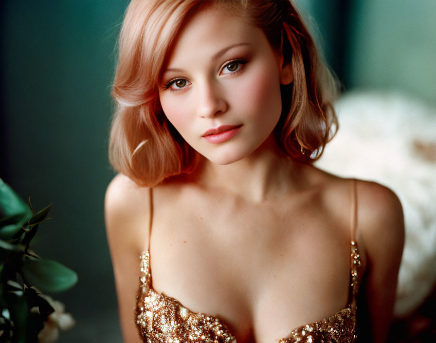 Blonde woman in gold sequined dress with soft gaze.