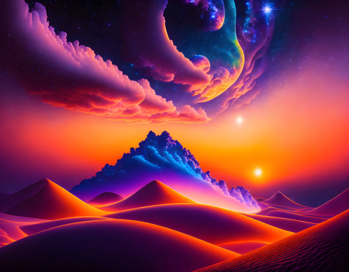 Vibrant surreal desert sunset with orange sand dunes, purple sky, stars, moons, and