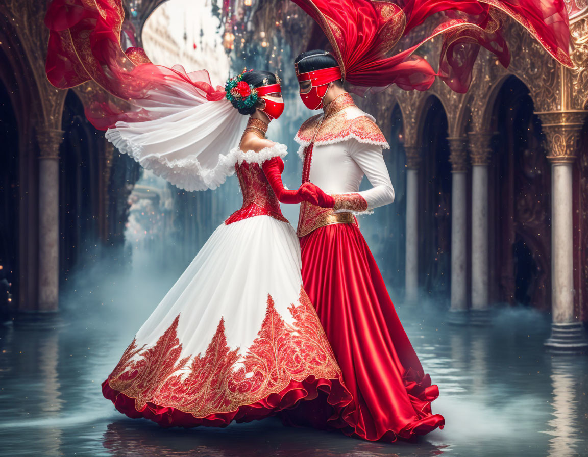 Two individuals in red and white costumes with masks in flooded corridor