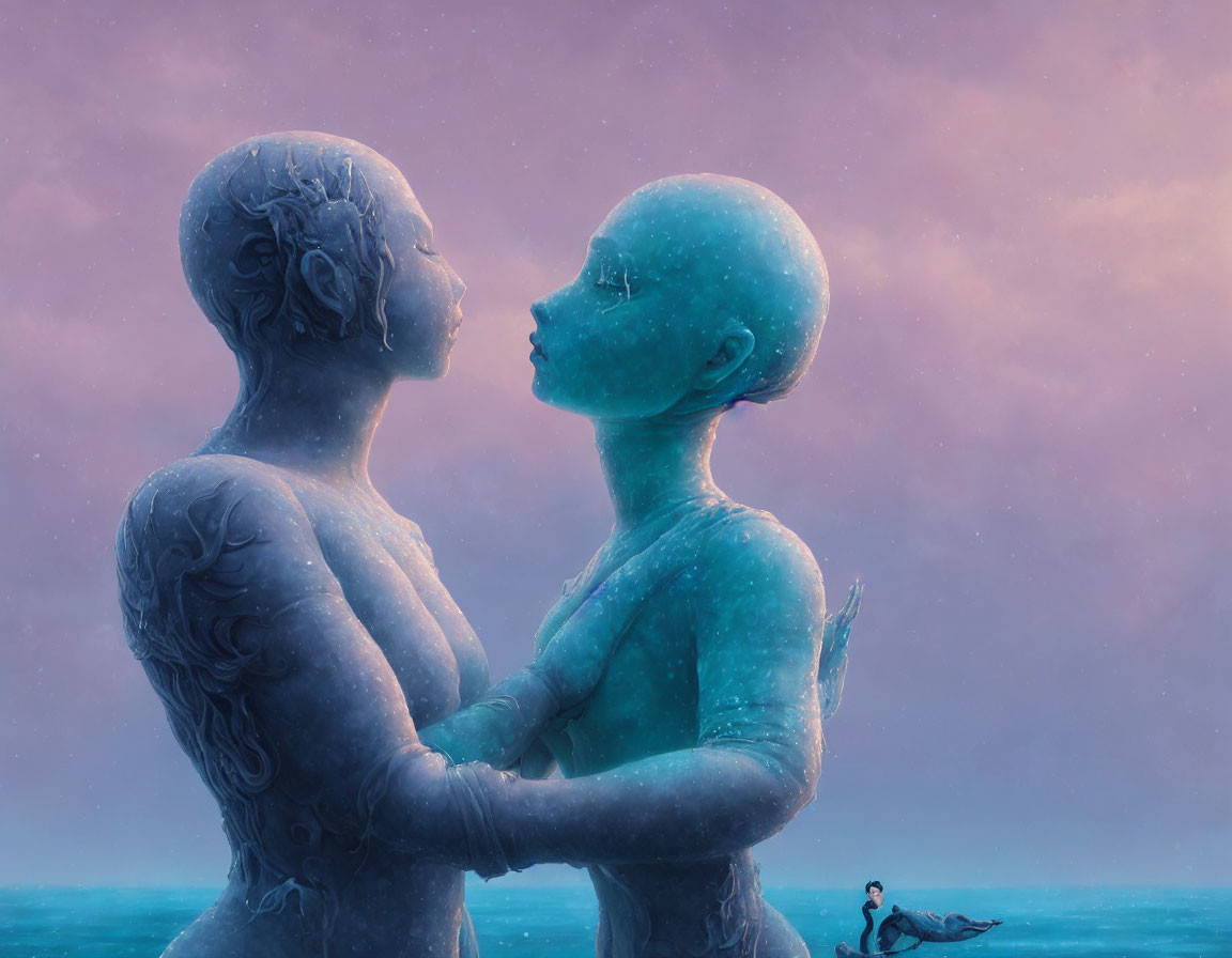 Ethereal blue beings embrace in front of pink sky above tranquil sea