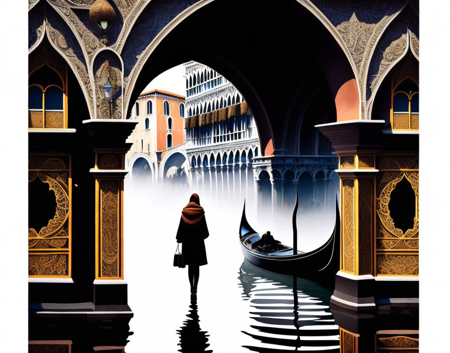 Illustration of person near Venetian canal with gondola and ornate architecture