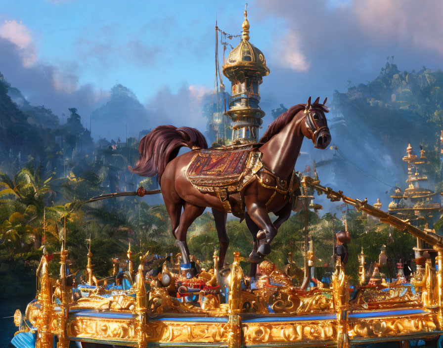 Brown horse on golden carousel against mountain backdrop