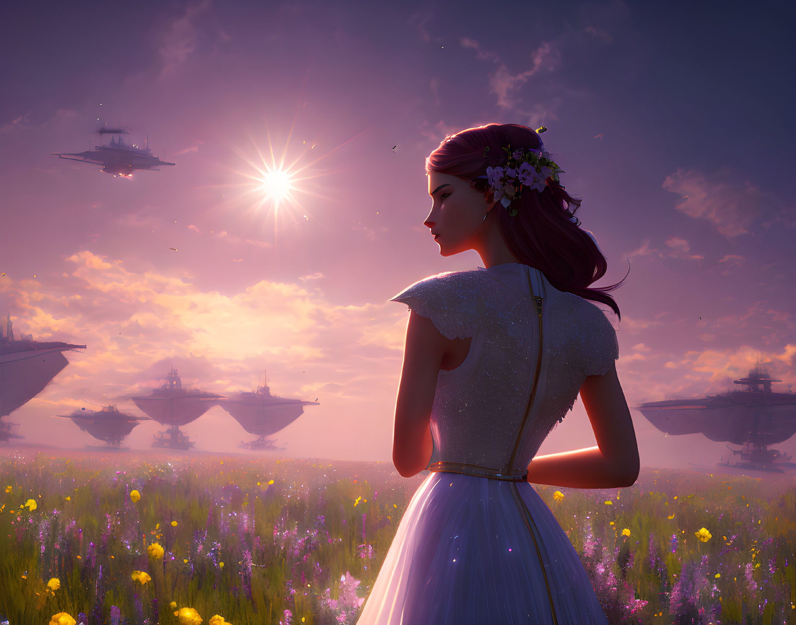 Woman in white dress with floral headpiece gazes at futuristic flying ships over purple flower field