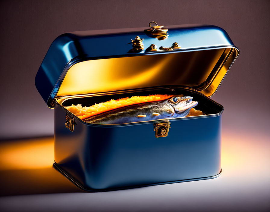 Metallic Blue Lunchbox Open with Cooked Fish and Rice on Warm Orange Background