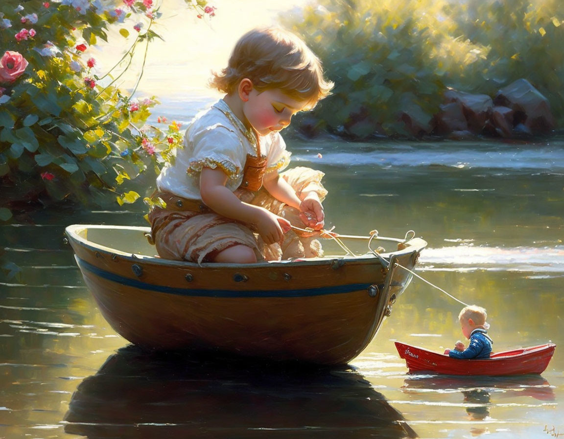 Child playing with toy boat in tranquil water surrounded by lush greenery