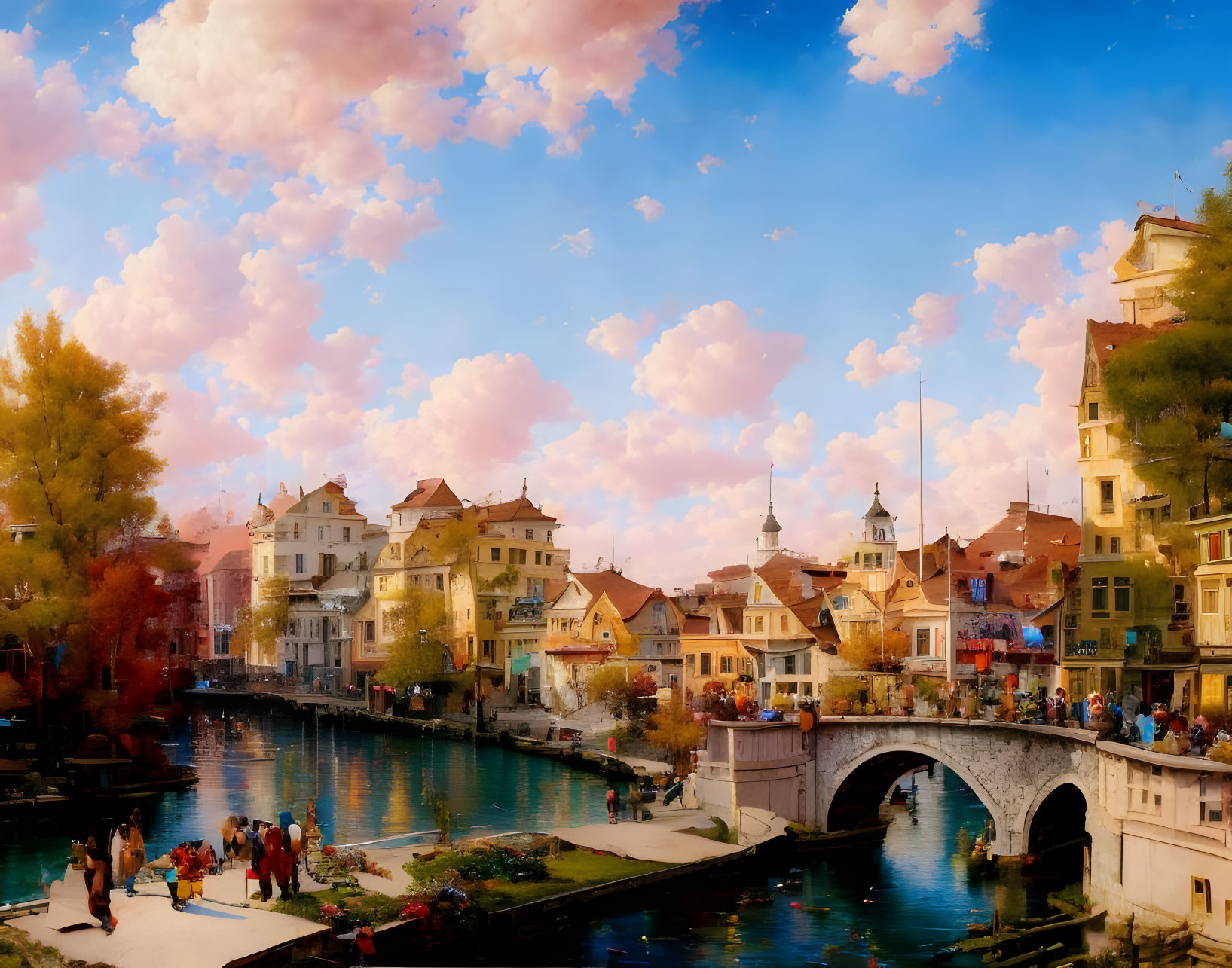 Charming European Town with Colorful Buildings and Arch Bridge