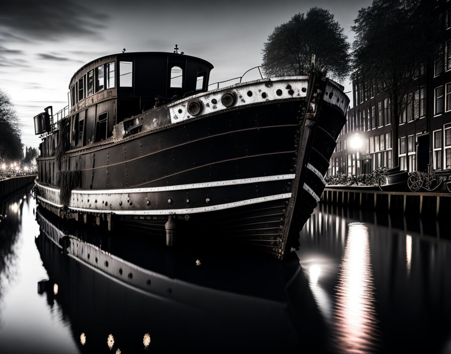 Moored boat on calm canal at dusk with city reflections