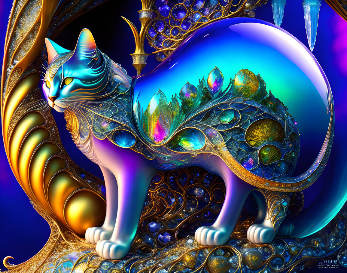 Colorful digital artwork: Stylized cat with cityscape and intricate patterns