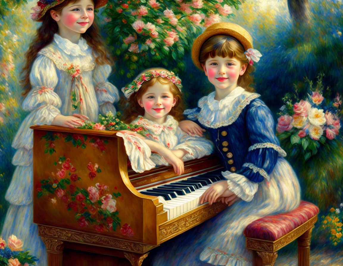 Vintage Attire Girls by Floral Piano in Garden