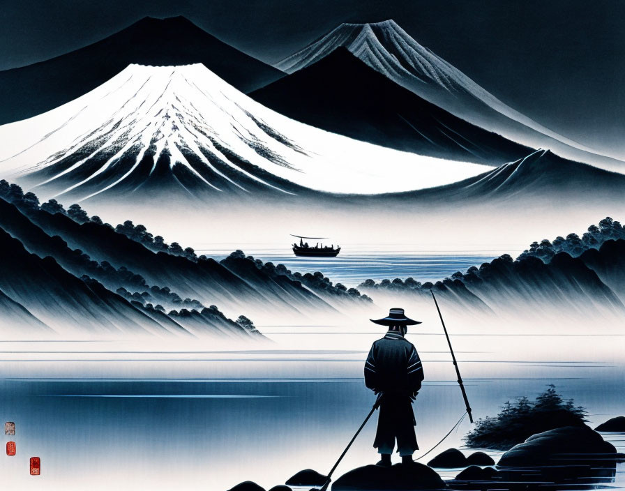 Monochromatic landscape with figure fishing by misty lake and Mount Fuji.