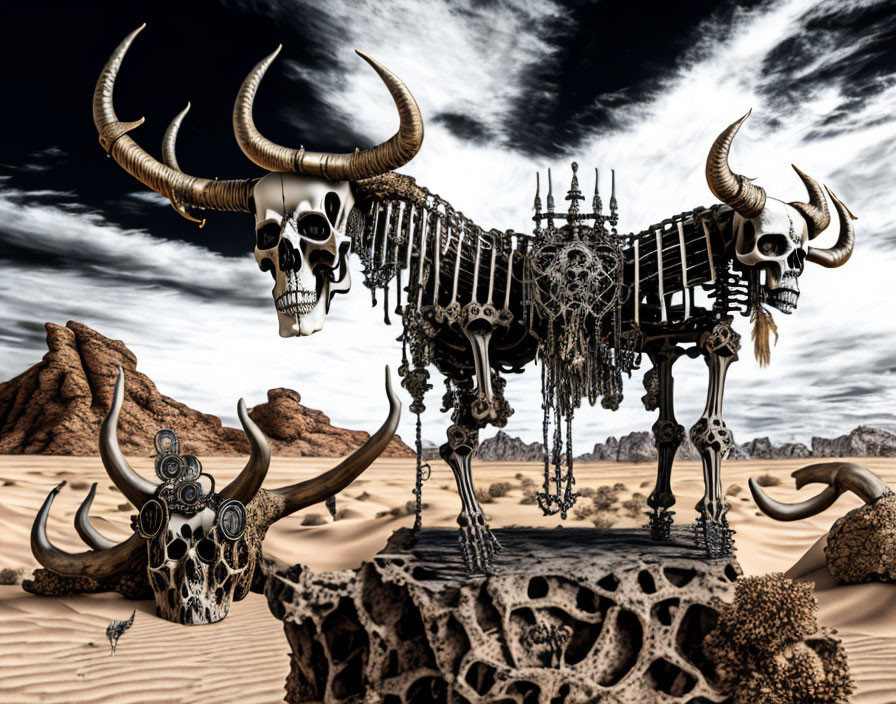 Surreal mechanical skeleton creature with bull skulls in desert landscape