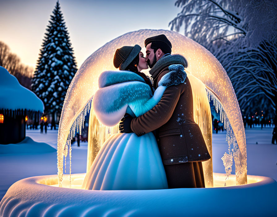 Romantic couple kissing in glowing snowglobe winter scene