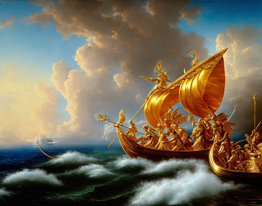 Golden Ship Sailing Turbulent Seas Under Dramatic Sky