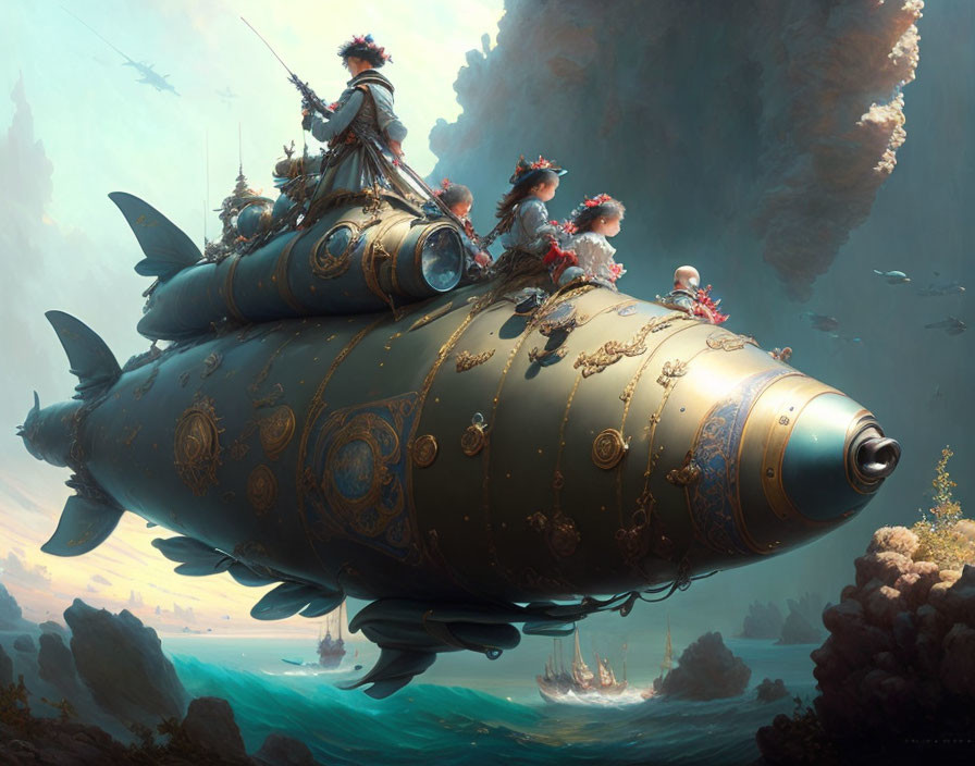 Elaborate Fantasy Airship Shaped Like Ornate Fish above Misty Landscape