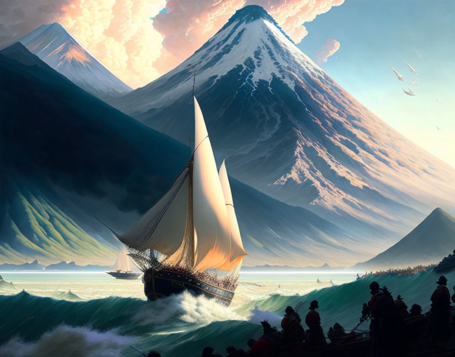 Sailing Ship on Turbulent Seas with Mountains and Erupting Volcano