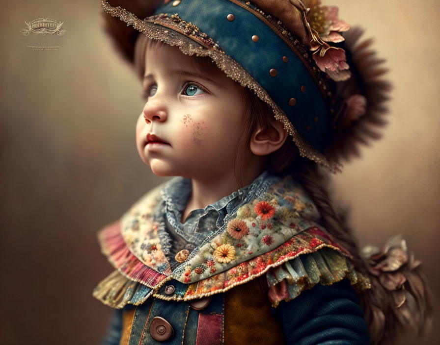 Portrait of young child in vintage hat and floral jacket with blue eyes, gazing thoughtfully