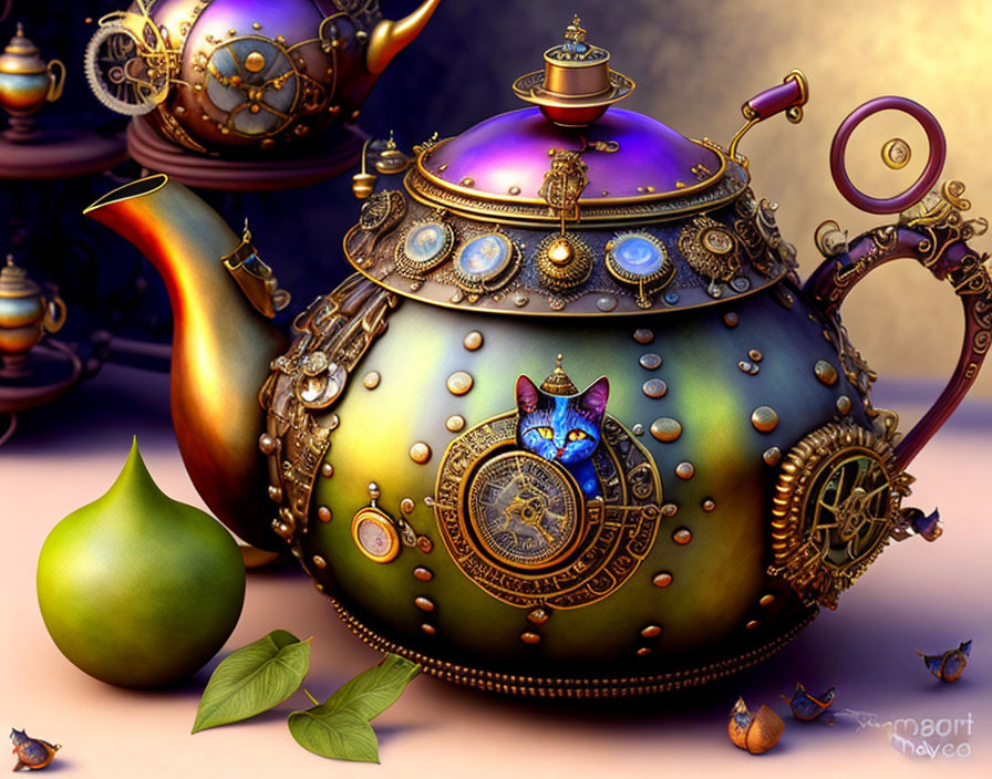 Colorful Steampunk-Style Teapot with Gears and Butterfly Motifs