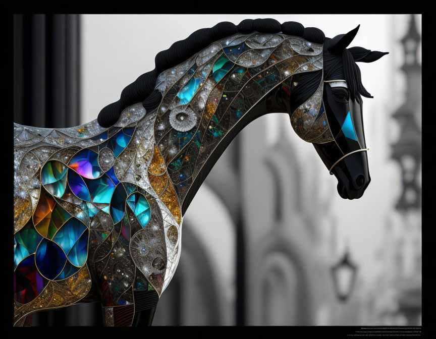 Intricate Blue, Turquoise, and Gold Mosaic Horse Sculpture