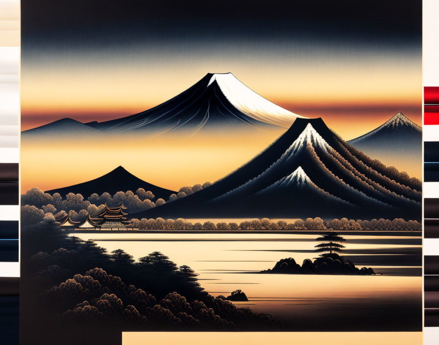 Serene landscape with mountains, temple, trees, and glitch effect