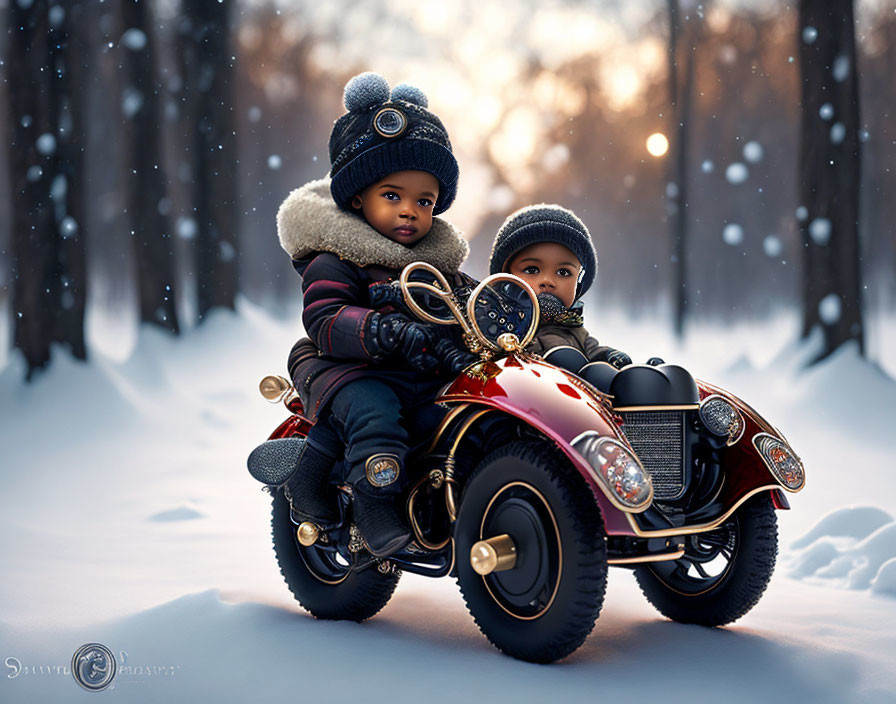 Children on toy car in snowy forest wearing winter clothes