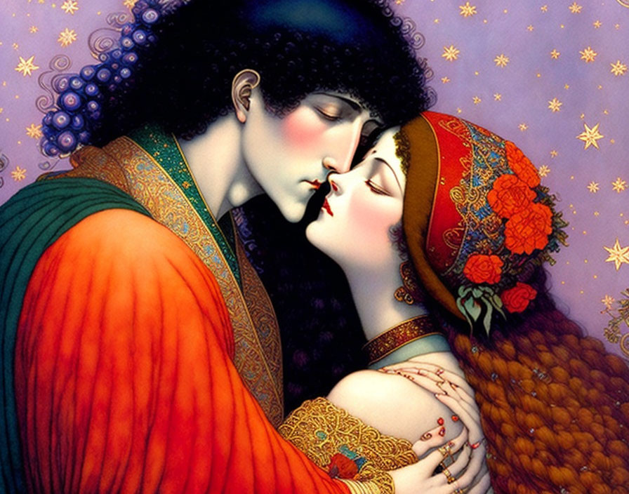 Romantic couple kissing in medieval attire on purple starry background