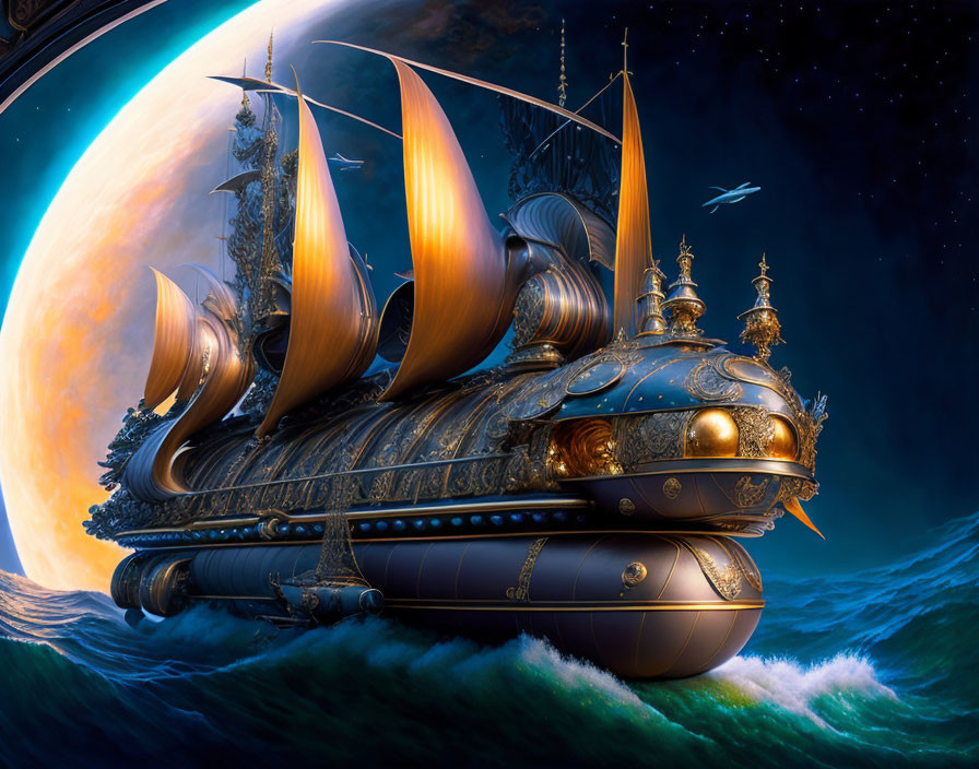 Ornate golden and blue galleon spaceship sailing through space with waves and giant planet.